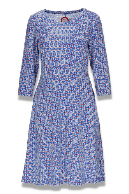 Huvudbild Sonja blå och röd mönstrad klänning