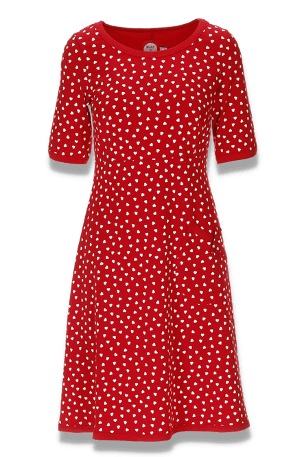 Huvudbild Kira röd och vit klänning med små hjärtan