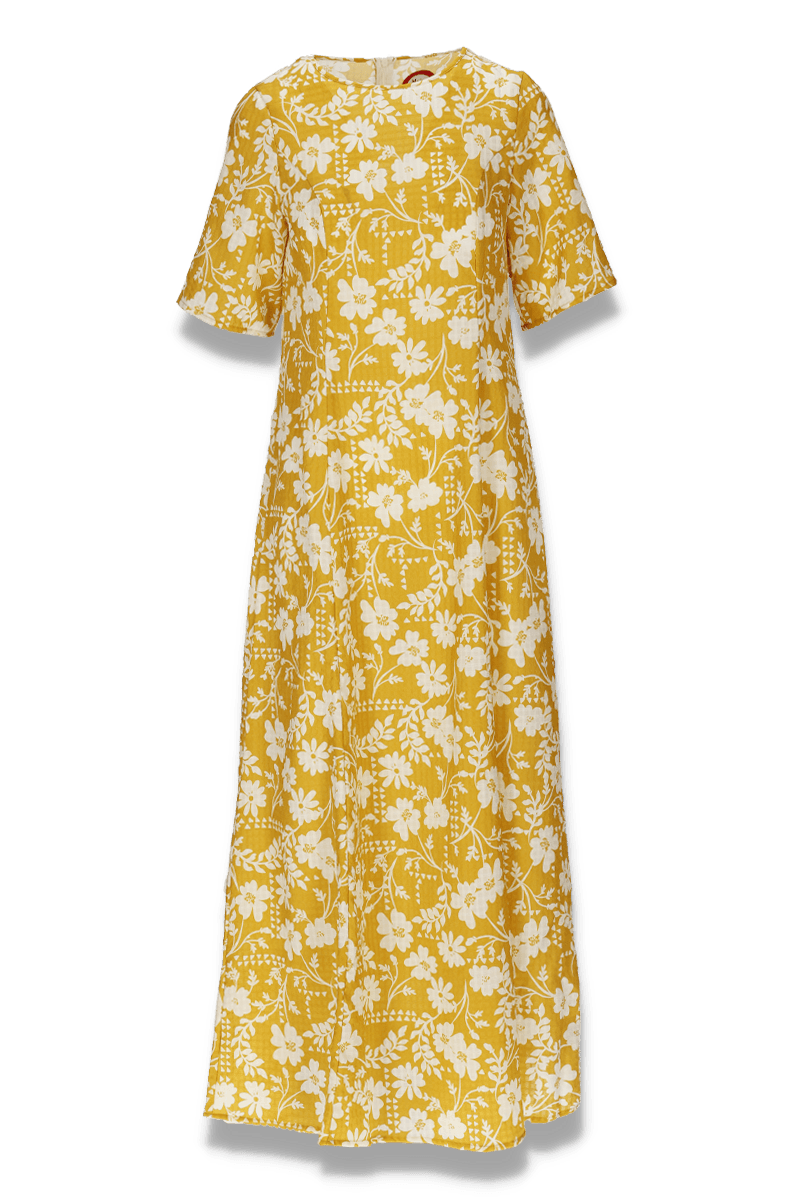 Ulrika okergul och vit blommig klänning